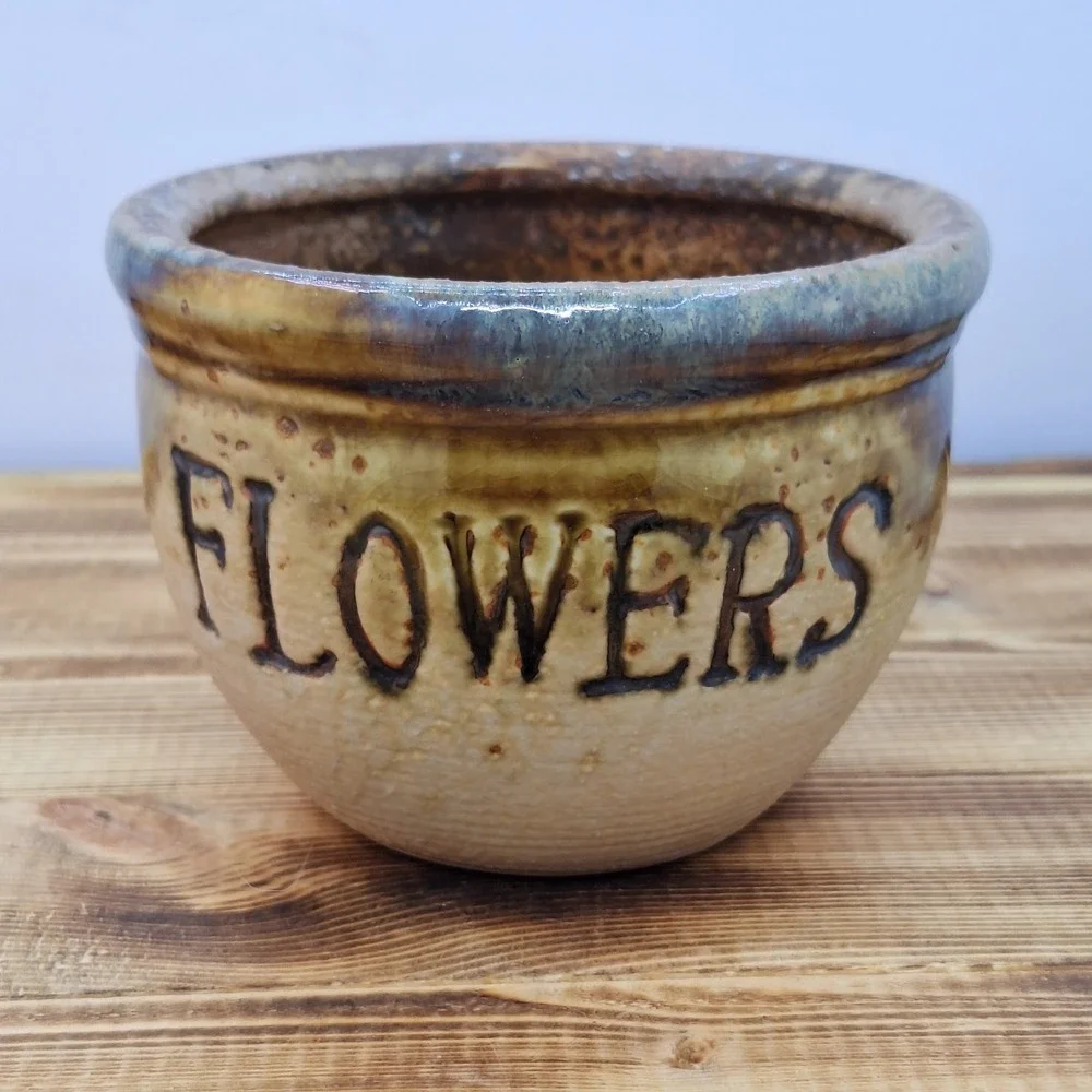 Mini Ceramic Flower Pot Green Glazed Ring On Tan 3.5